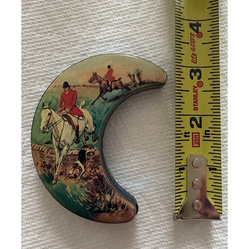 Vtg Lackerli-Huus Crescent Moon Shaped Mint Tin Equestrian Hunt Theme